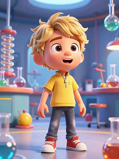 CGI image of a cute, blonde-haired boy in a yellow shirt, blue jeans, and red sneakers, standing in a colorful, lit laboratory.
