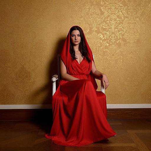 Photograph of a woman with long black hair, wearing a red dress and matching veil, sitting on a gold-patterned wall in a wooden-floor room