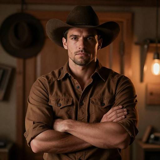 Cowboy in Dimly Lit Room