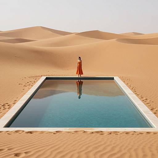 Photograph of a woman in an orange dress standing by a rectangular pool in a vast, sunlit desert with rolling sand dunes. Her reflection is