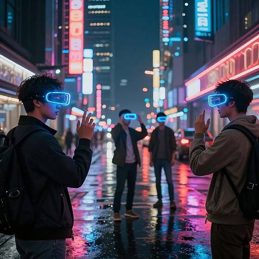 Photograph of two men in VR headsets with glowing blue screens, standing on a neon-lit, rainy city street, with other pedestrians in the