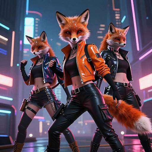 Digital art of three anthropomorphic foxes in neon-lit cyberpunk city, wearing black leather jackets and pants, with orange fur and fierce expressions.