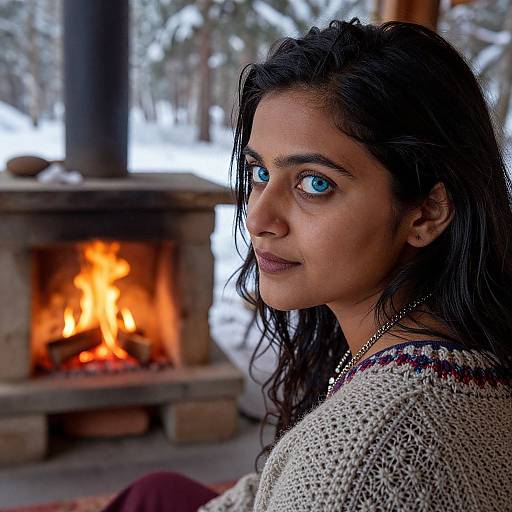 Photograph of a young woman with striking blue eyes, long dark hair, and olive skin, wearing a knitted sweater, sitting by a roaring fireplace