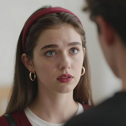 Young Woman with Red Hairband and Gold Hoop Earrings