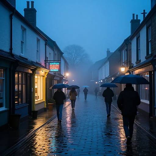 Photograph of a misty, blue-lit cobblestone street at dusk, with people holding umbrellas, illuminated shop signs, and reflective wet
