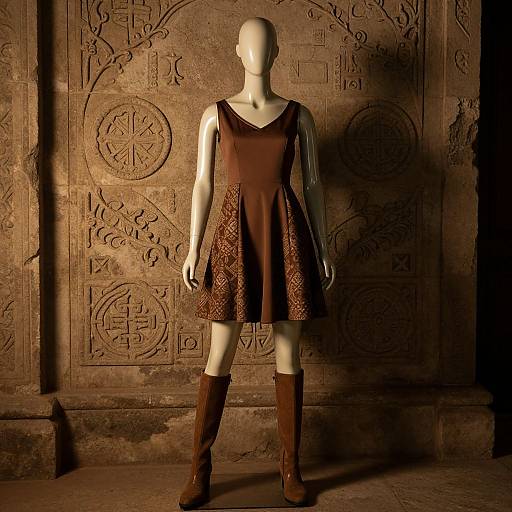 Photograph of a faceless mannequin wearing a brown, sleeveless dress with lace detailing, brown knee-high boots, standing against a textured,