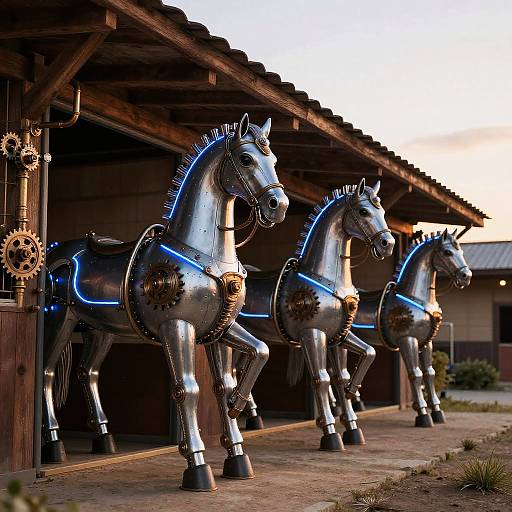 Photograph of three metallic, robotic horses with blue LED accents, standing in a rustic wooden barn at sunset.