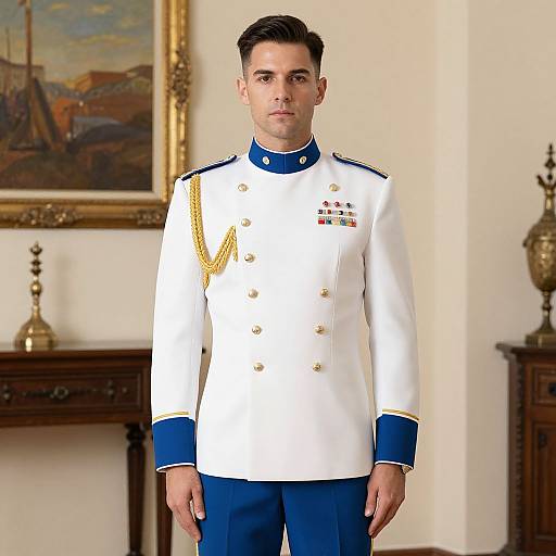 Photograph of a young, fair-skinned male in a white naval officer uniform with gold epaulettes and blue cuffs, standing in a formal