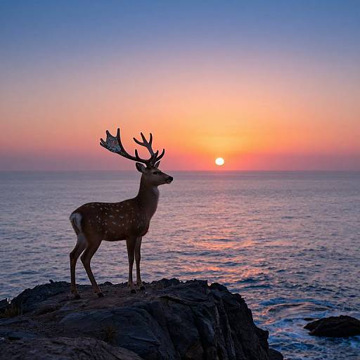 Silhouetted deer with antlers stands on rocky shore at sunset, ocean in background, vibrant orange and pink sky, serene waters. Photographic