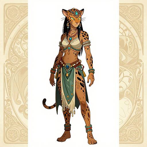 Digital drawing of a muscular, anthropomorphic cheetah woman in tribal attire with turquoise jewelry, black dreadlocks, and yellow eyes, standing confidently against