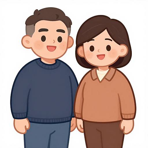 Cartoon-style drawing of a happy couple; man in navy sweater, blue pants; woman in peach sweater, brown pants, standing side by side.