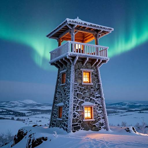 Snowy Mountain Guardtower with Northern Lights