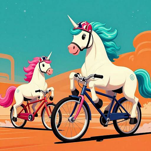 Digital illustration of two cartoon unicorns riding bicycles; one with pink mane on a red bike, the other with blue mane on a blue bike, against
