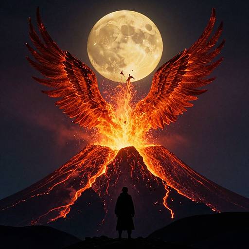 Digital artwork: Silhouetted figure stands before erupting volcano with fiery, glowing wings, full moon overhead, vibrant red-orange lava, dark night
