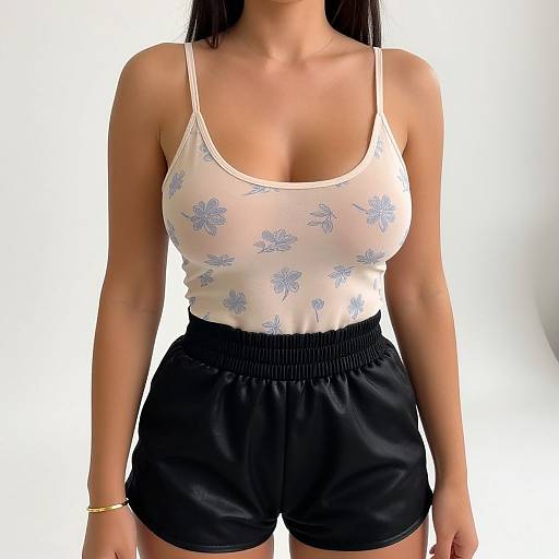 Photograph of a woman with tan skin, wearing a white floral tank top and black high-waisted shorts, standing against a plain white background.