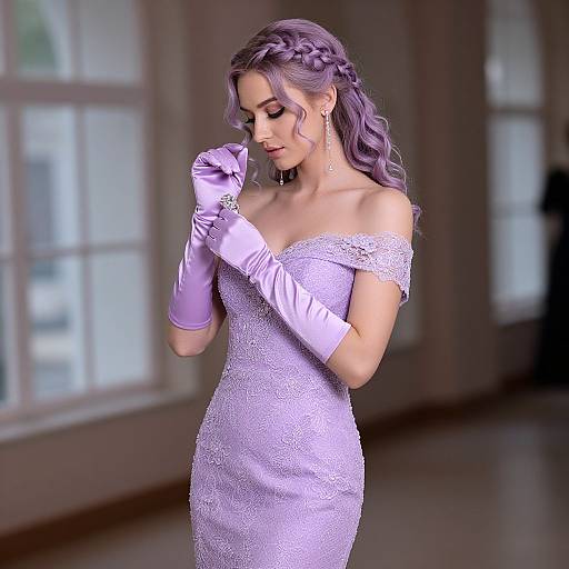 Photorealistic CGI of a beautiful woman with purple wavy hair, wearing an off-shoulder lavender lace dress, matching gloves, and dangling earrings