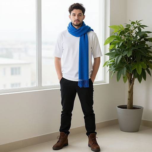 Photograph of a bearded man with curly hair, wearing a white shirt, black pants, brown boots, and a blue scarf, standing in front