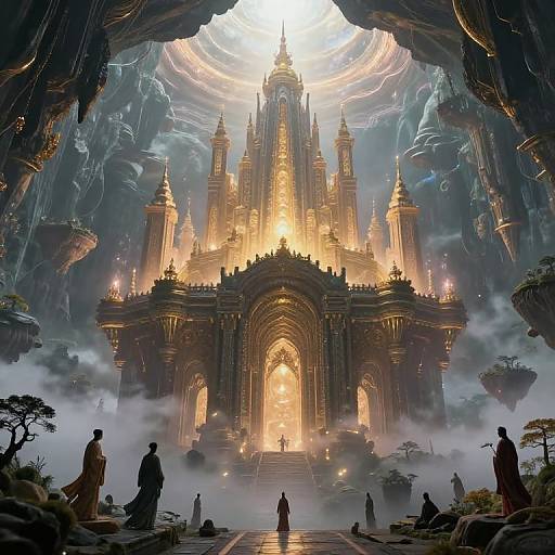 Digital artwork of a grand, glowing, Gothic-style cathedral with golden spires, illuminated from within, surrounded by fog and silhouetted figures in