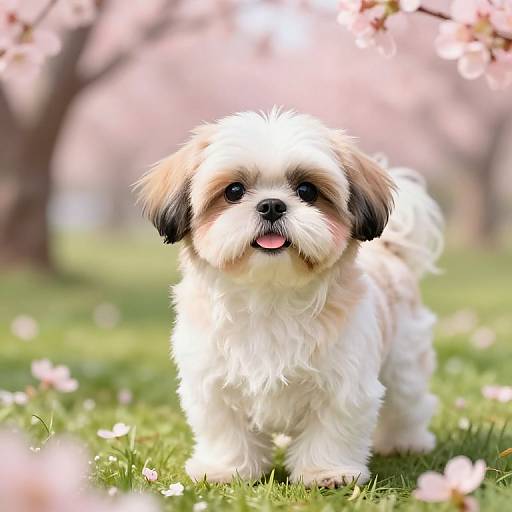 Cute fluffy white and brown puppy with black ears, pink tongue out, standing on green grass with blooming pink cherry blossoms in the background.