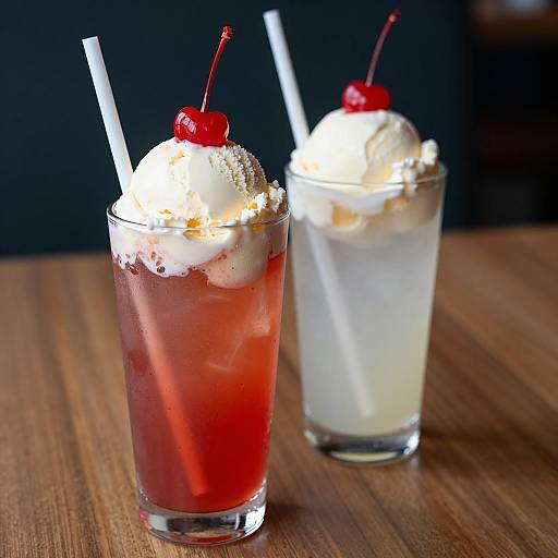 Two Ice Cream Float Drinks with Cherries