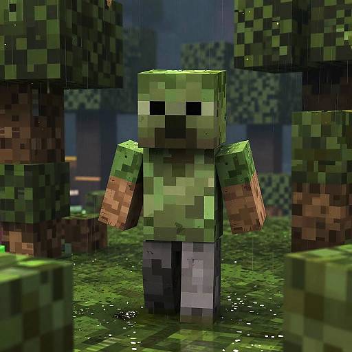 Pixel art of a green, blocky Minecraft zombie with brown arms, standing in a grassy, rain-soaked forest with tall trees.