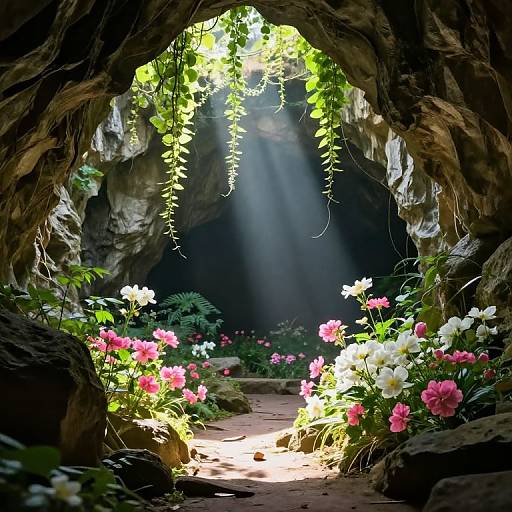 Photograph of a sunlit cave entrance adorned with vibrant pink, white, and green flowers, with sunlight streaming through hanging vines.