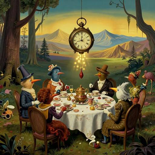 Whimsical painting of anthropomorphic birds in Victorian attire, having tea around a table with a hanging clock, set in a lush, mountainous landscape