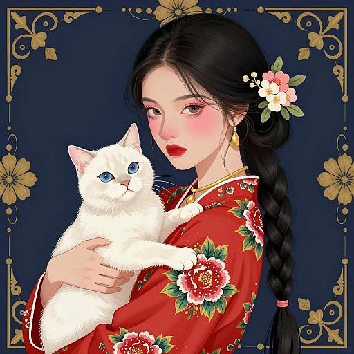 Ornate Illustration of Woman with Cat