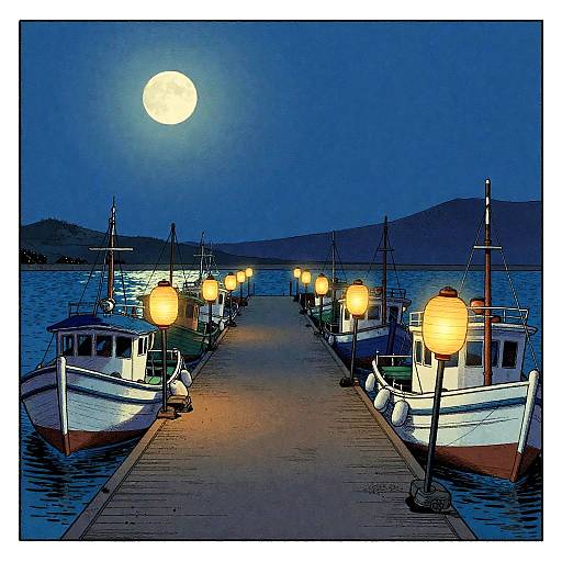 Moonlit Harbor Pier in Hokusai Style