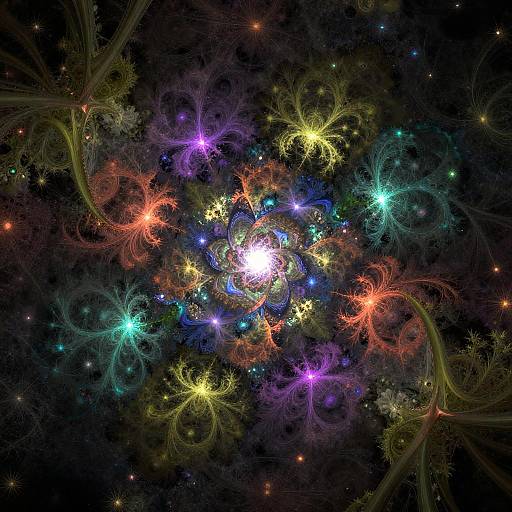 Digital artwork of a vibrant, swirling celestial galaxy with colorful, glowing stars, neon-like tendrils, and a bright white core against a dark, star