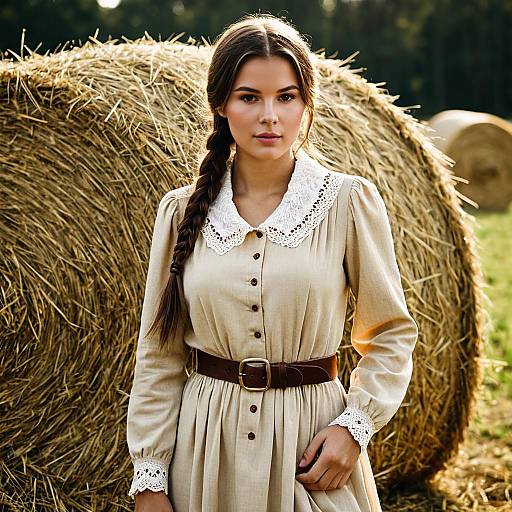 Young Woman in Vintage Country Dress by Hay Bale