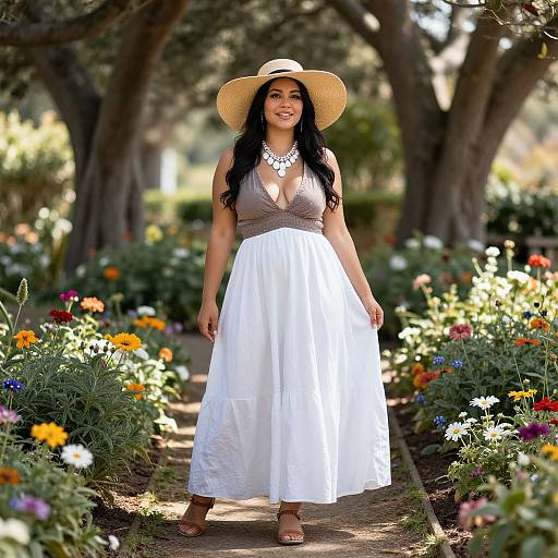Photograph of a smiling Latina woman with long black hair, wearing a straw hat, beige top, and white flowy skirt, standing in a vibrant