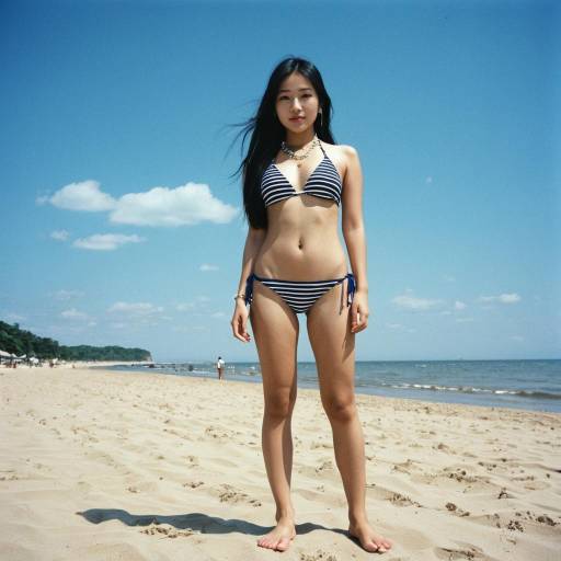 Asian Woman in Striped Bikini on Beach