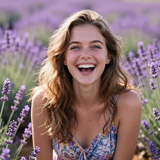 Photograph of a smiling young woman with wavy brown hair and blue eyes, wearing a colorful floral dress, amidst a blooming lavender field. Sun