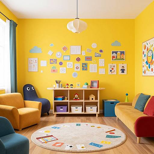 Vibrant children's room with yellow walls, colorful furniture, round play mat, bookshelf, and wall art; bright, playful, and inviting