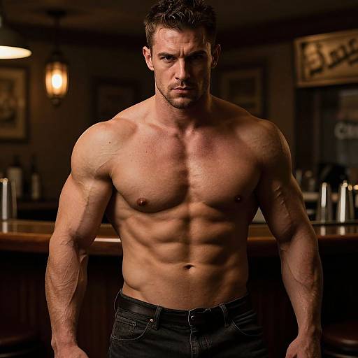 Photograph of a muscular, shirtless white man with short brown hair, intense blue eyes, and defined abs, standing in a dimly lit bar