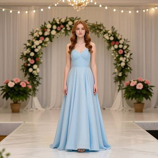 Photograph of a beautiful woman with long brown hair, wearing a light blue, sleeveless, floor-length gown, standing in front of a floral arch