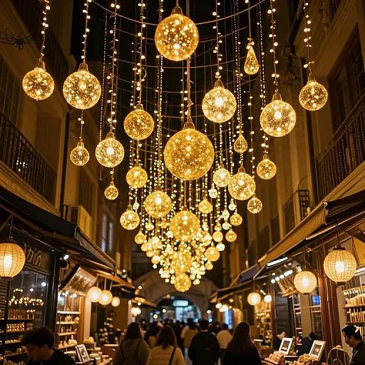 Photograph of a nighttime street market adorned with glowing, golden, spherical and teardrop-shaped light decorations, hanging above bustling stalls.