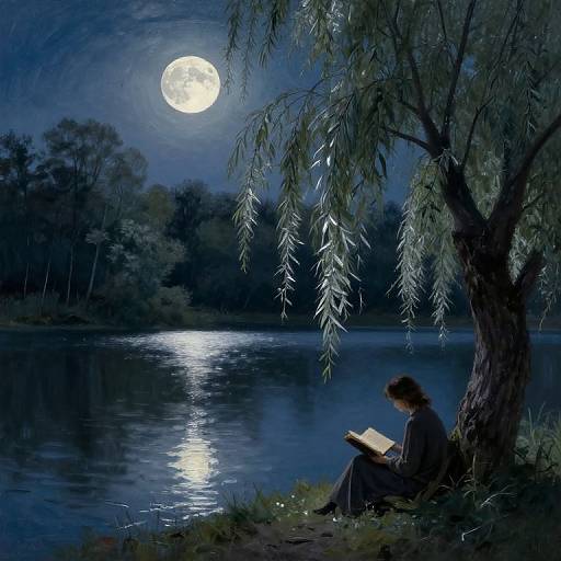 Moonlit night: person with curly hair sits under a weeping willow by a reflective lake, reading a book under a bright full moon.