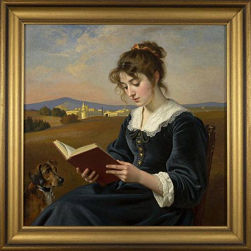 Photograph-style painting of a young woman in a blue dress with white lace, reading a book while a dog sits beside her. Framed with a