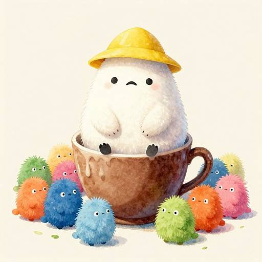 Whimsical watercolor of a fluffy white creature with a yellow hat, sitting in a brown cup, surrounded by colorful, fuzzy, alien-like creatures
