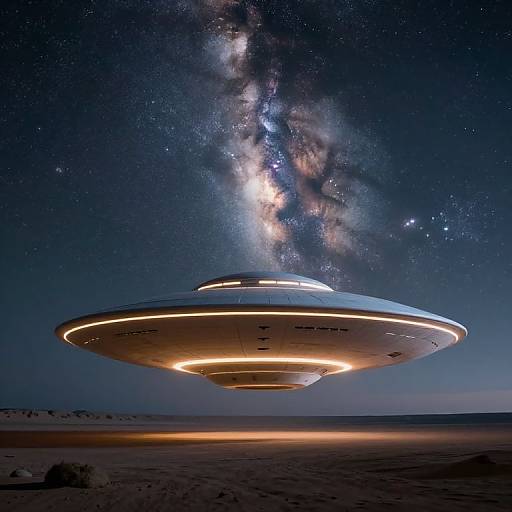 Photograph of a glowing, saucer-shaped UFO hovering above a desert at night, with the Milky Way galaxy visible in the starry sky.