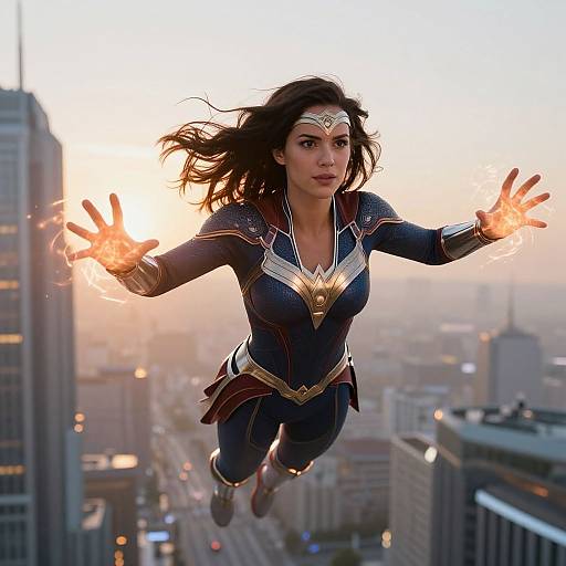 Photorealistic CGI of Wonder Woman flying above a cityscape at sunset, with her iconic blue and gold costume, glowing hands, and determined expression.