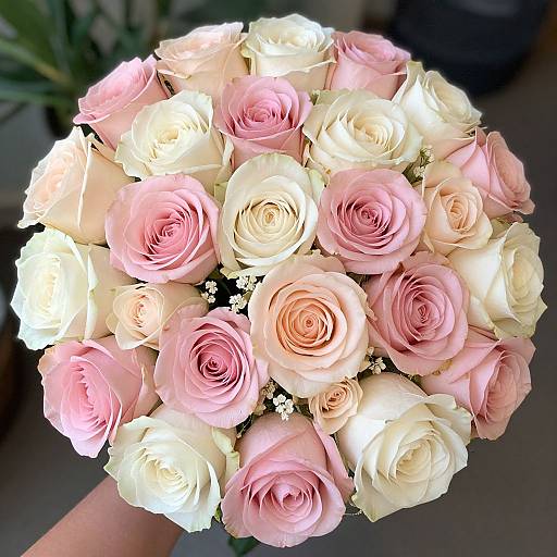 Photograph of a round bouquet of pink and white roses, with soft, delicate petals and small white filler flowers, held against a blurred dark background.