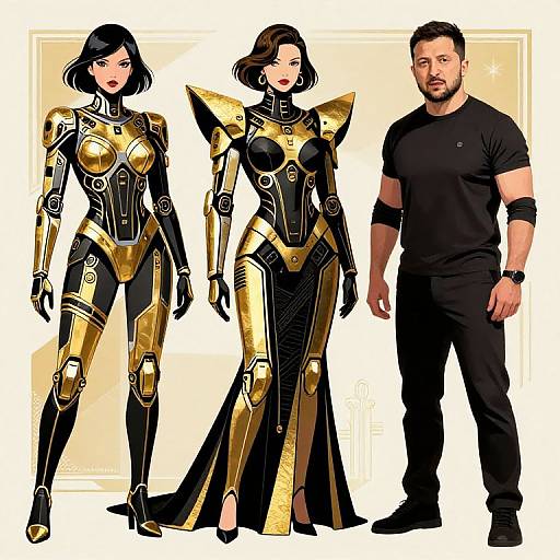 Digital artwork of two women in golden, black, and black-gold armored outfits, standing beside a muscular man in black clothes.