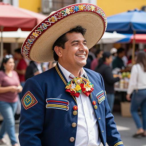 Photograph of a smiling Hispanic man in a colorful Mexican charro suit, large embroidered sombrero, red flower boutonniere, and blue jacket