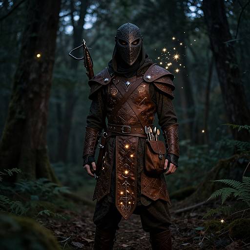 Mysterious armored warrior in dark forest, face obscured by mask, glowing stars surround him, medieval-style brown leather armor, sword on back. Photograph with