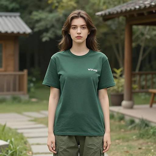 Young Woman in Green Camp Shirt Outdoors