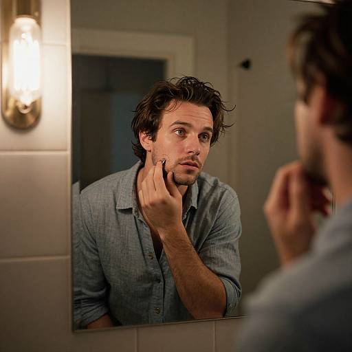 Photograph of a handsome, dark-haired man with a slight beard, wearing a gray shirt, gazing intently at his reflection in a bathroom mirror
