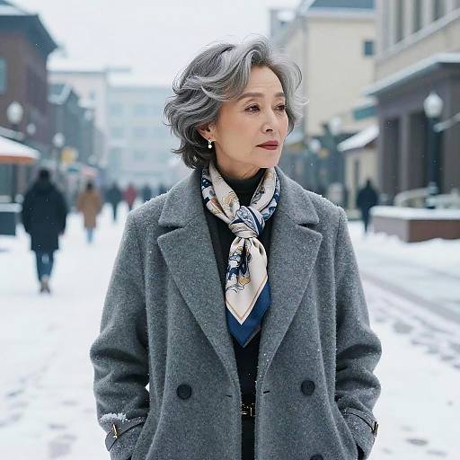 Older Woman with Layered Fade Hairstyle in Winter Coat